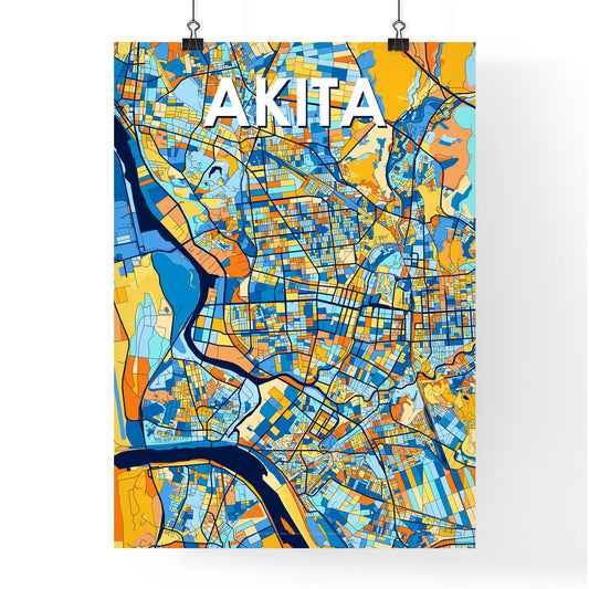 AKITA JAPAN Vibrant Colorful Art Map Poster Blue Orange