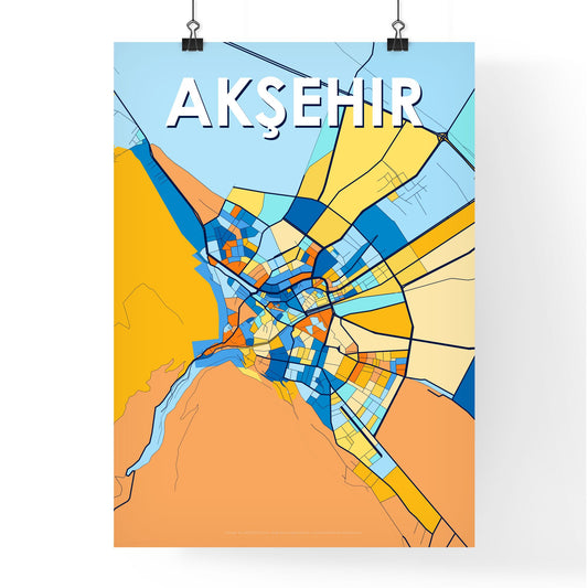 AKŞEHIR TURKEY Vibrant Colorful Art Map Poster Blue Orange