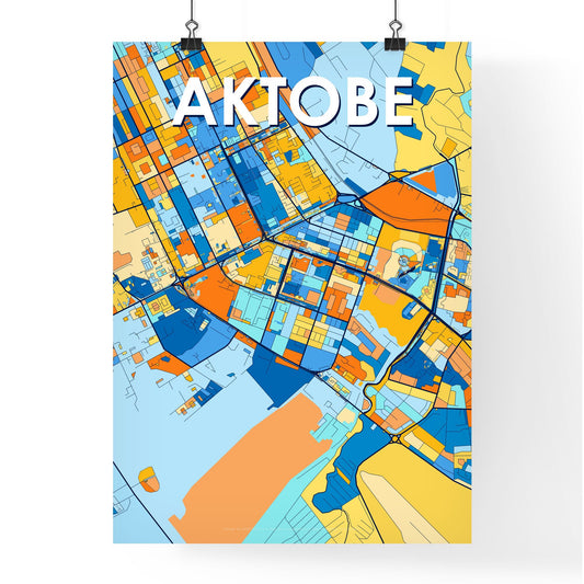 AKTOBE KAZAKHSTAN Vibrant Colorful Art Map Poster Blue Orange