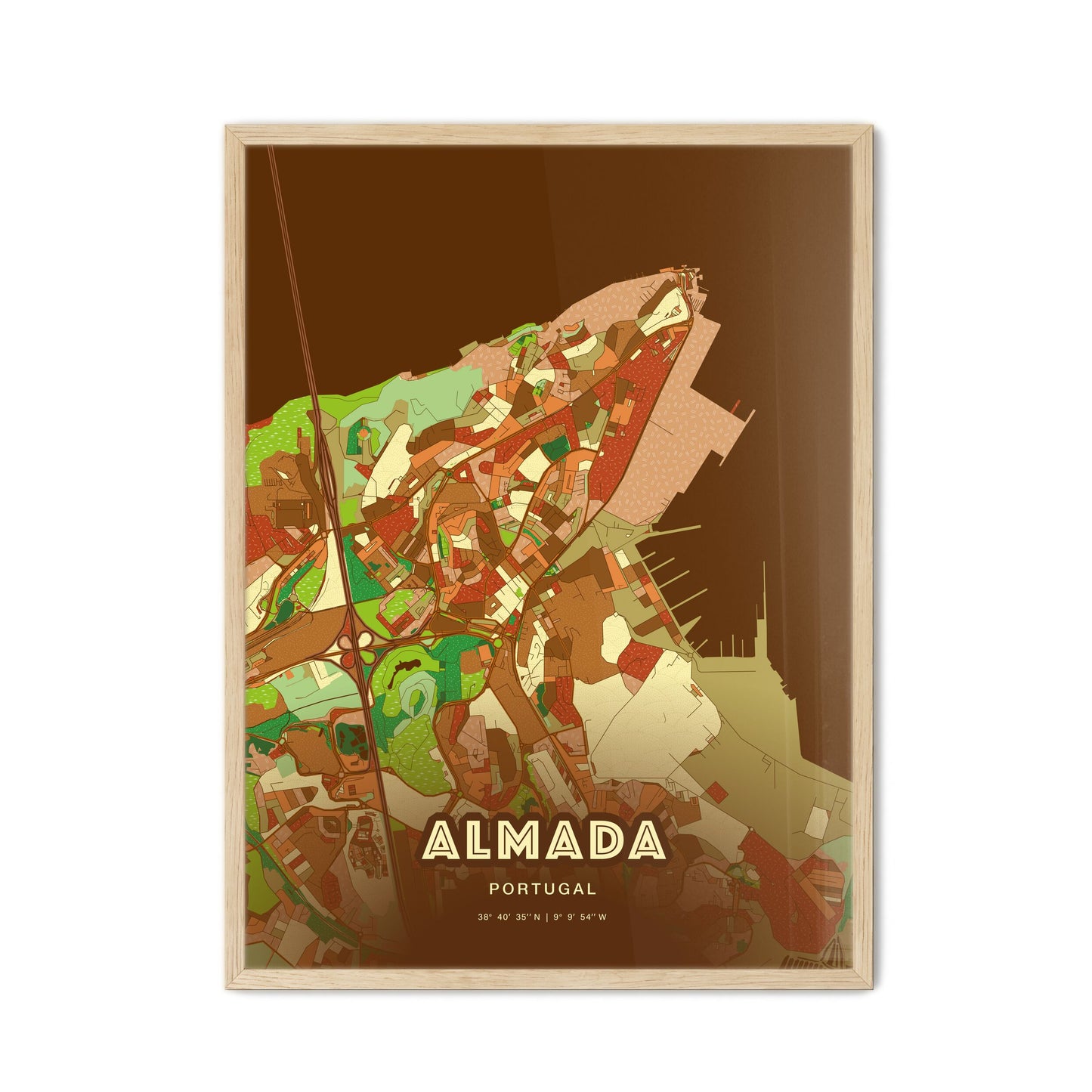 Colorful Almada Portugal Fine Art Map Farmhouse