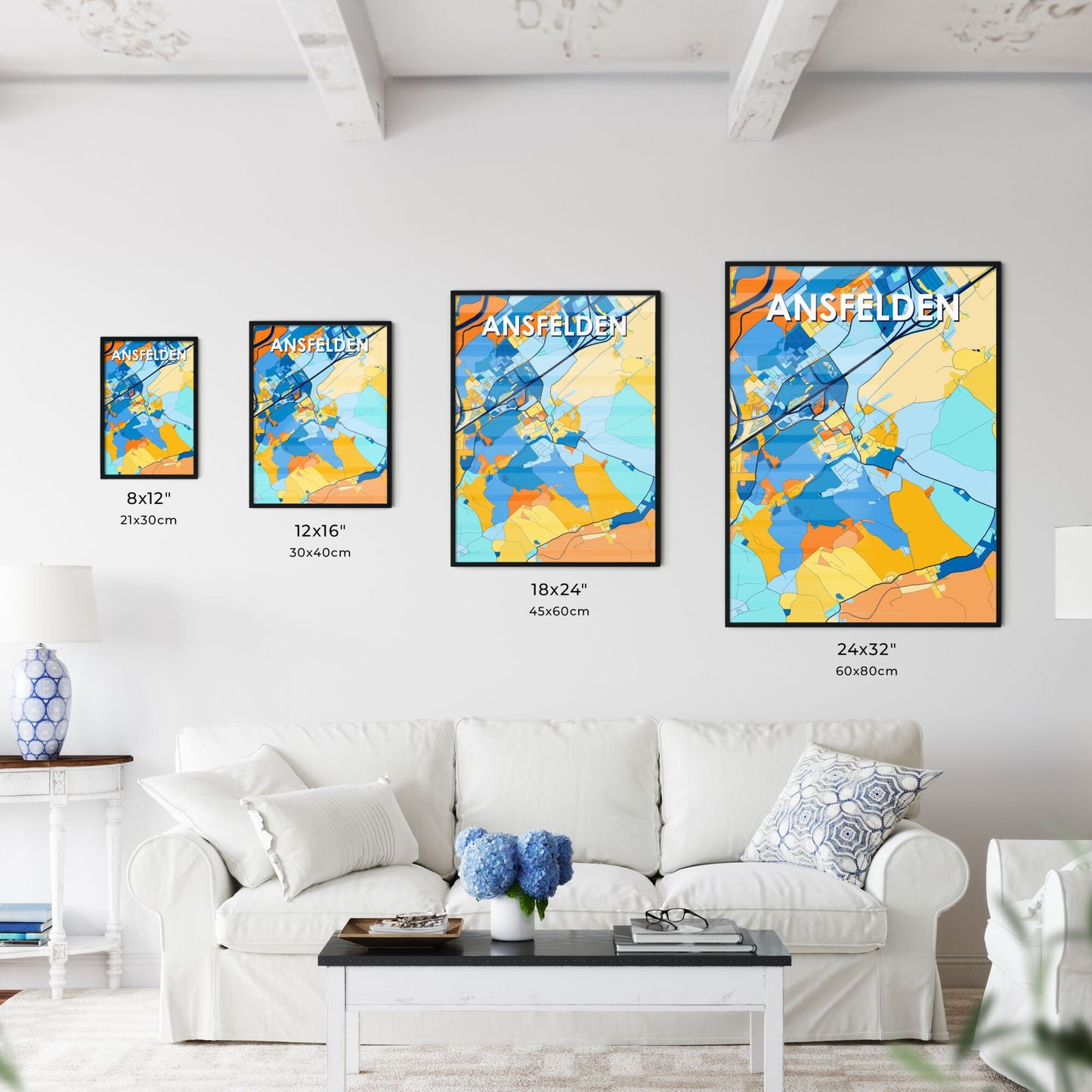 ANSFELDEN AUSTRIA Vibrant Colorful Art Map Poster Blue Orange