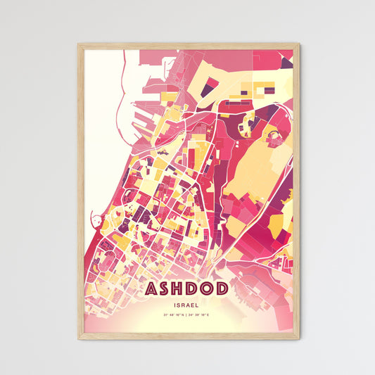 Colorful Ashdod Israel Fine Art Map Hot Red