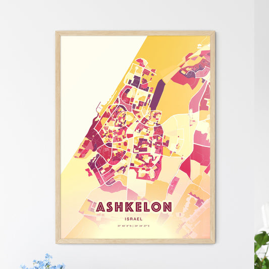 Colorful Ashkelon Israel Fine Art Map Hot Red