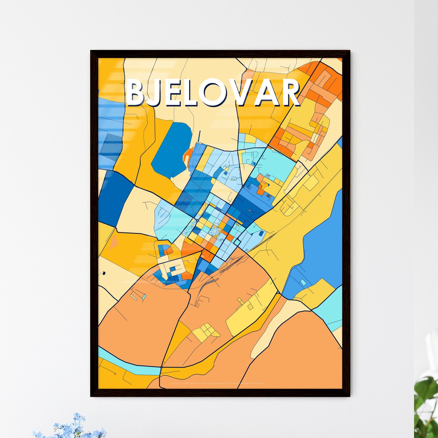 BJELOVAR CROATIA Vibrant Colorful Art Map Poster Blue Orange