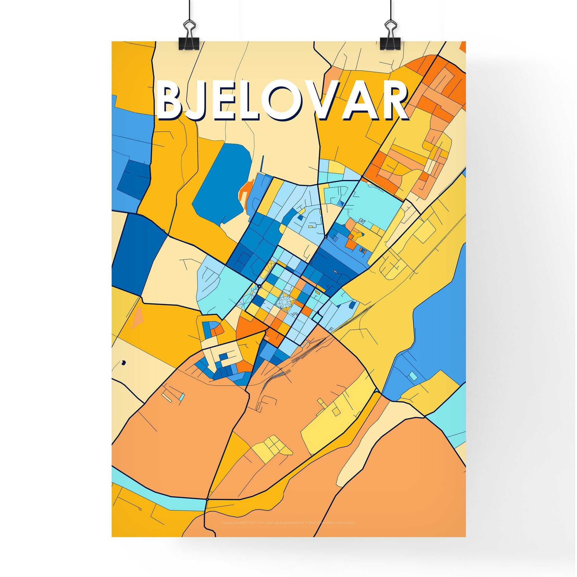 BJELOVAR CROATIA Vibrant Colorful Art Map Poster Blue Orange