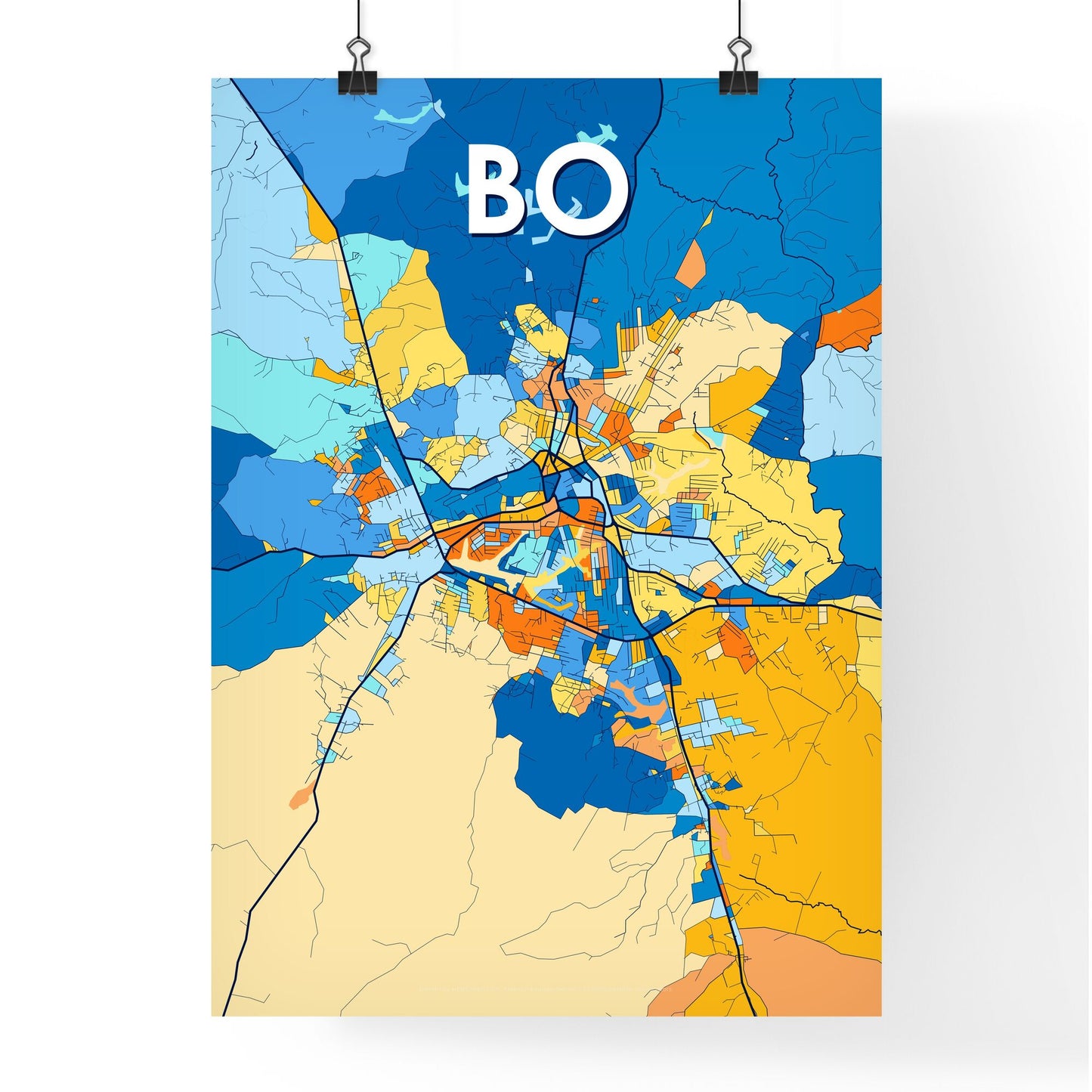 BO SIERRA LEONE Vibrant Colorful Art Map Poster Blue Orange