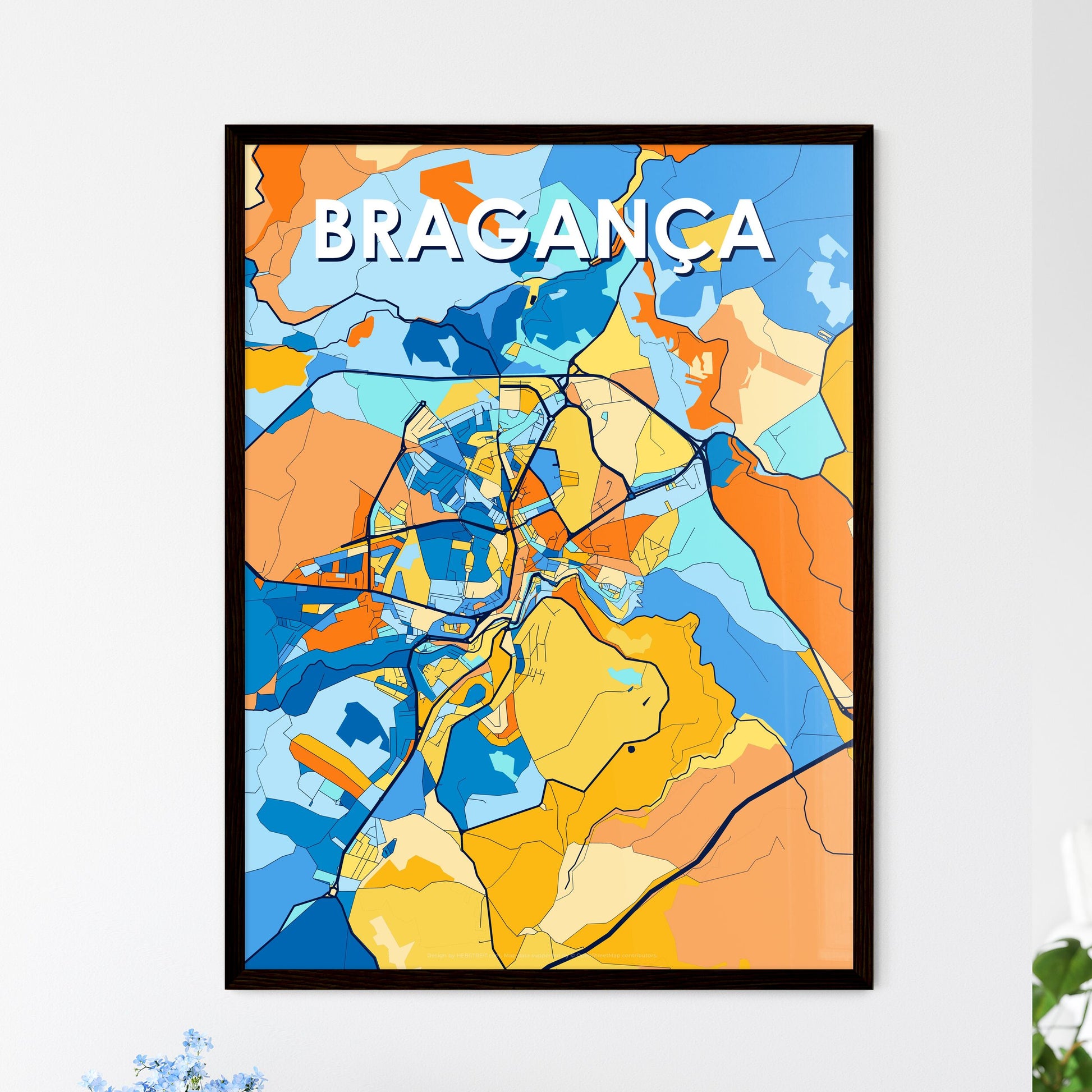 BRAGANÇA PORTUGAL Vibrant Colorful Art Map Poster Blue Orange