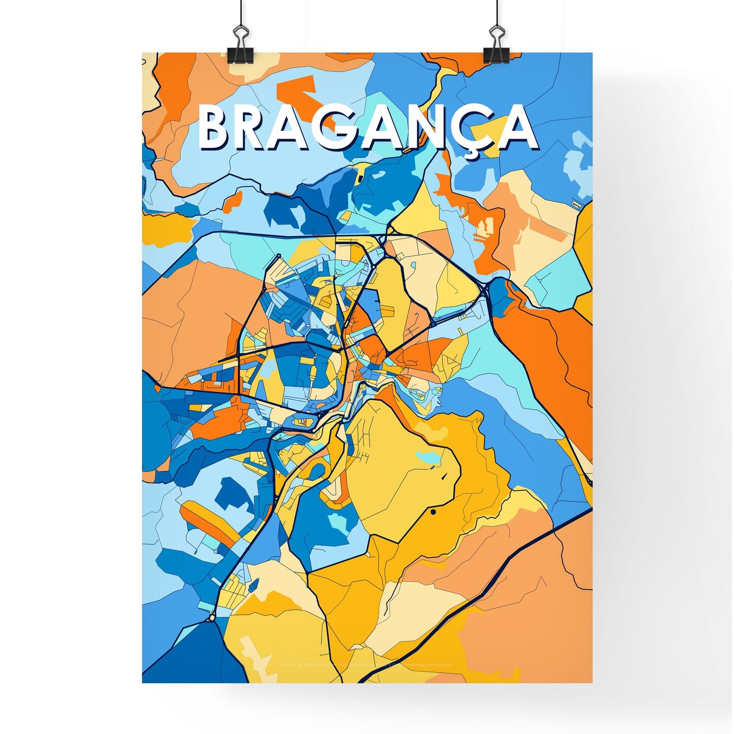 BRAGANÇA PORTUGAL Vibrant Colorful Art Map Poster Blue Orange