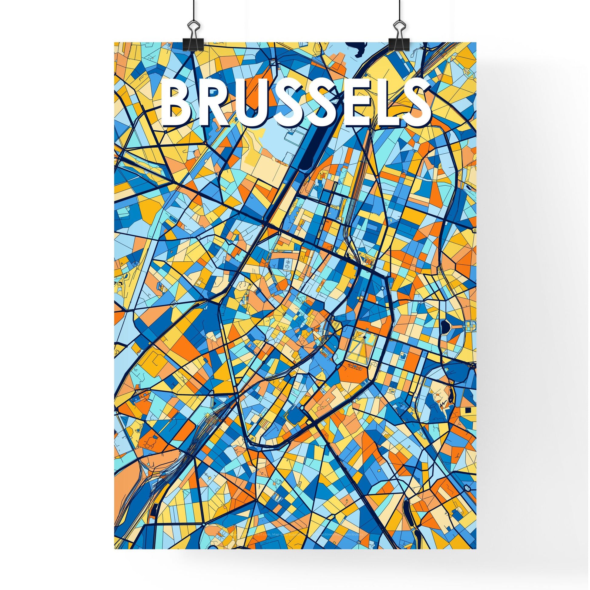 BRUSSELS BELGIUM Vibrant Colorful Art Map Poster Blue Orange