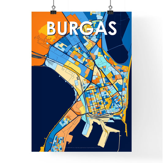 BURGAS BULGARIA Vibrant Colorful Art Map Poster Blue Orange