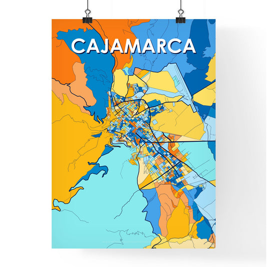 CAJAMARCA PERU Vibrant Colorful Art Map Poster Blue Orange