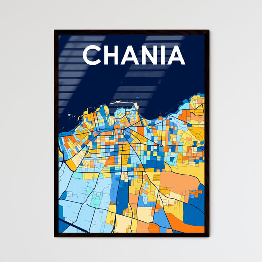 CHANIA GREECE Vibrant Colorful Art Map Poster Blue Orange