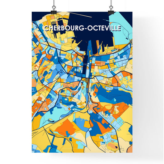 CHERBOURG-OCTEVILLE FRANCE Vibrant Colorful Art Map Poster Blue Orange