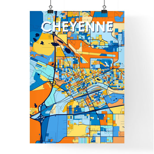 CHEYENNE WYOMING Vibrant Colorful Art Map Poster Blue Orange
