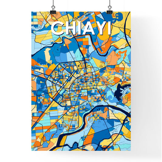 CHIAYI TAIWAN Vibrant Colorful Art Map Poster Blue Orange