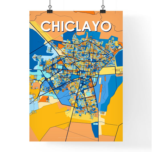 CHICLAYO PERU Vibrant Colorful Art Map Poster Blue Orange