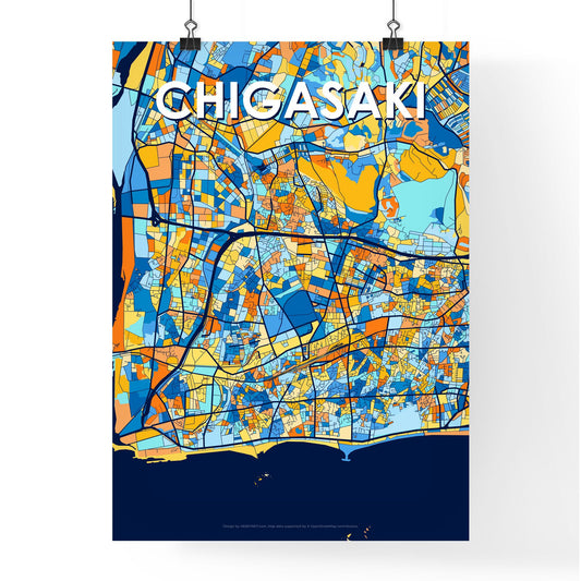 CHIGASAKI JAPAN Vibrant Colorful Art Map Poster Blue Orange
