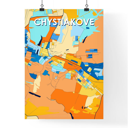 CHYSTIAKOVE UKRAINE Vibrant Colorful Art Map Poster Blue Orange