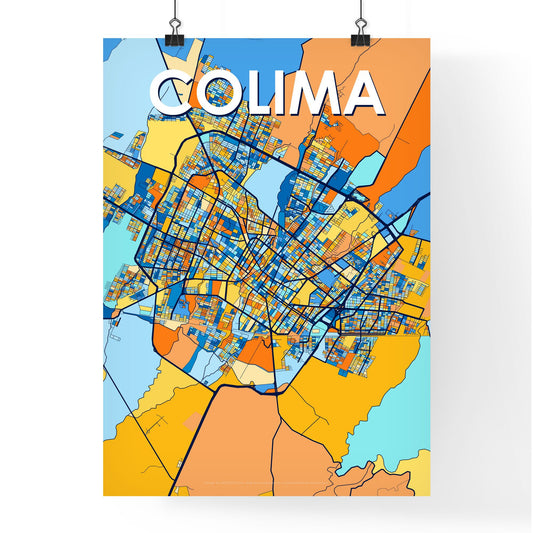 COLIMA MEXICO Vibrant Colorful Art Map Poster Blue Orange