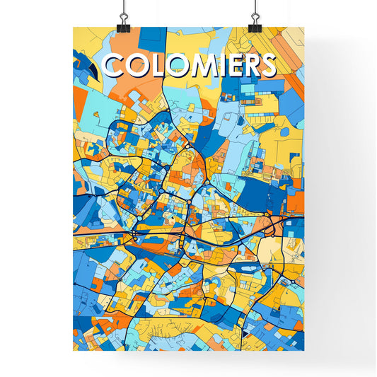 COLOMIERS FRANCE Vibrant Colorful Art Map Poster Blue Orange