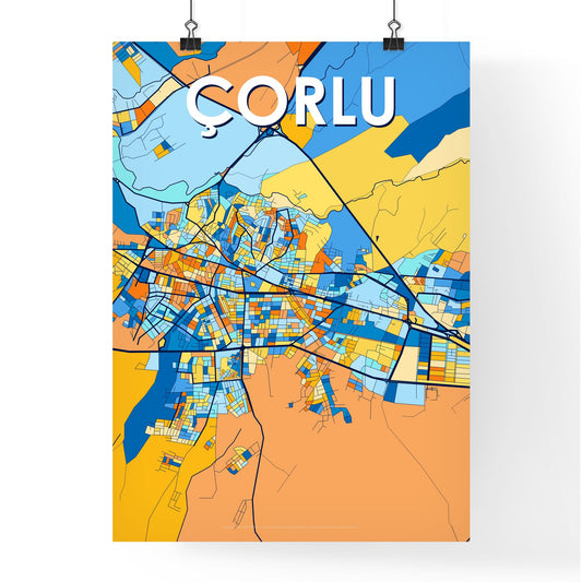 ÇORLU TURKEY Vibrant Colorful Art Map Poster Blue Orange