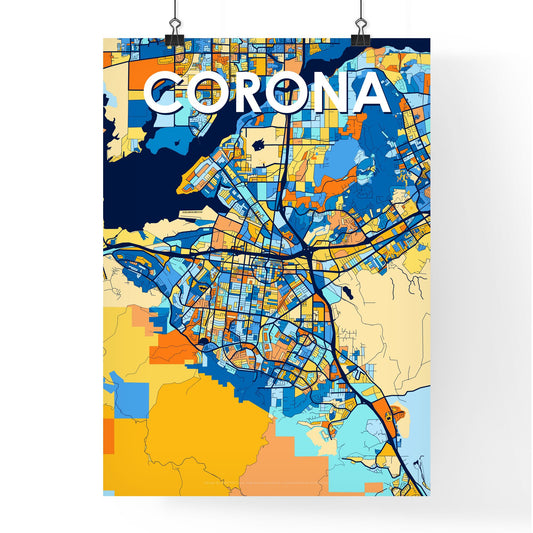 CORONA CALIFORNIA Vibrant Colorful Art Map Poster Blue Orange
