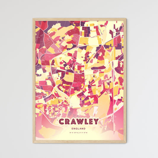 Colorful Crawley England Fine Art Map Hot Red