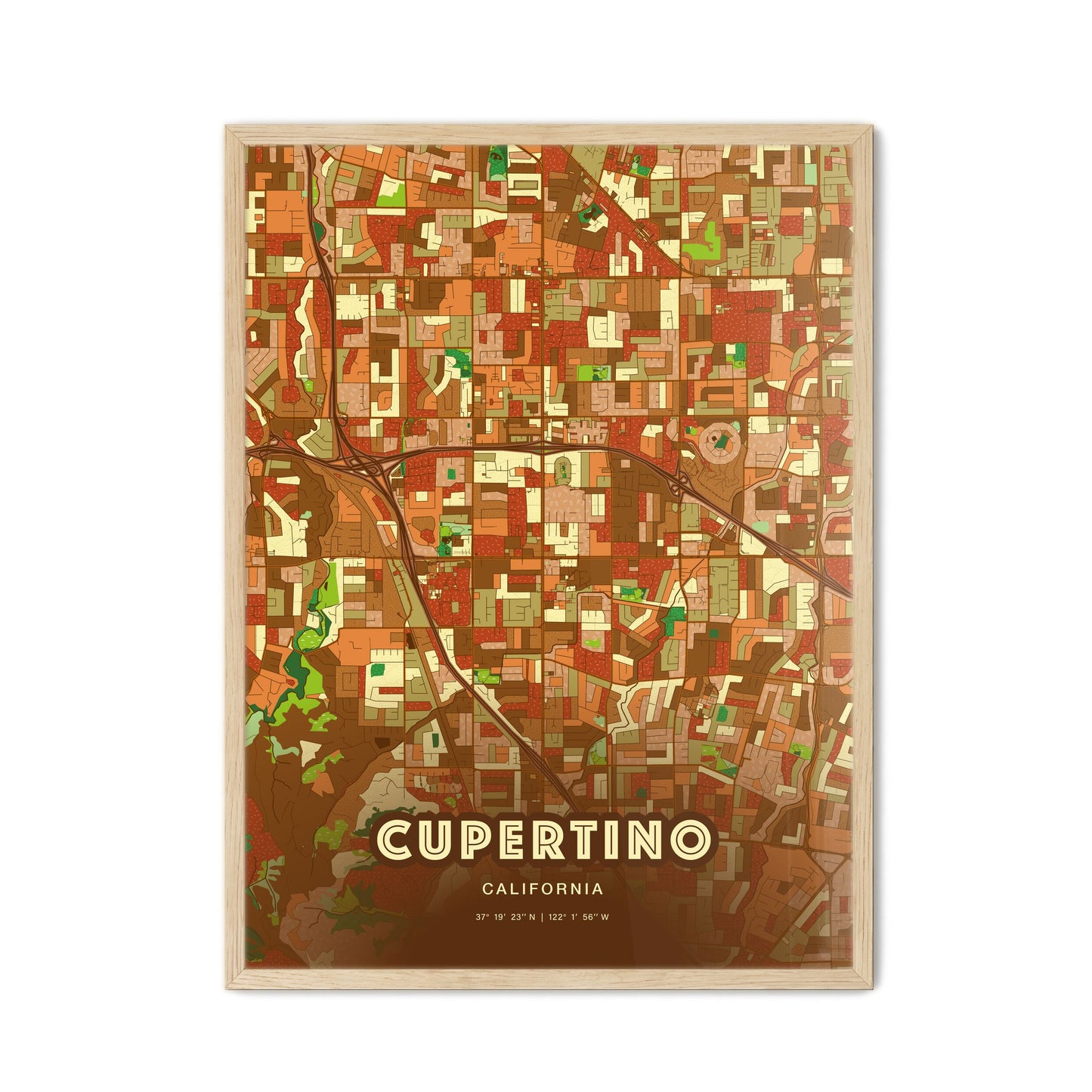 Colorful Cupertino California Fine Art Map Farmhouse