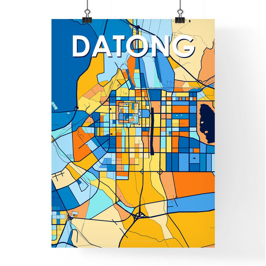 DATONG CHINA Vibrant Colorful Art Map Poster Blue Orange