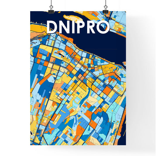 DNIPRO UKRAINE Vibrant Colorful Art Map Poster Blue Orange