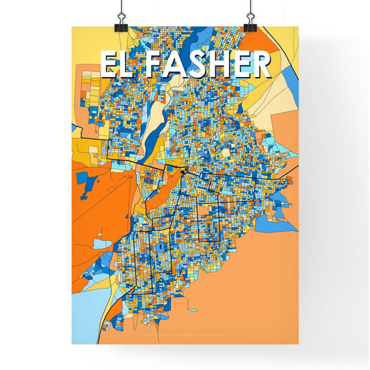 EL FASHER SUDAN Vibrant Colorful Art Map Poster Blue Orange