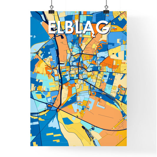 ELBLĄG POLAND Vibrant Colorful Art Map Poster Blue Orange