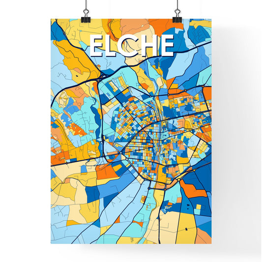 ELCHE SPAIN Vibrant Colorful Art Map Poster Blue Orange