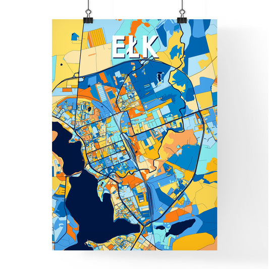 EŁK POLAND Vibrant Colorful Art Map Poster Blue Orange