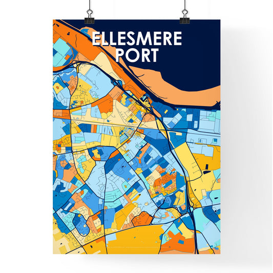 ELLESMERE PORT ENGLAND Vibrant Colorful Art Map Poster Blue Orange