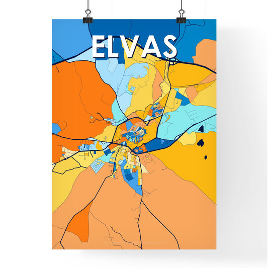 ELVAS PORTUGAL Vibrant Colorful Art Map Poster Blue Orange