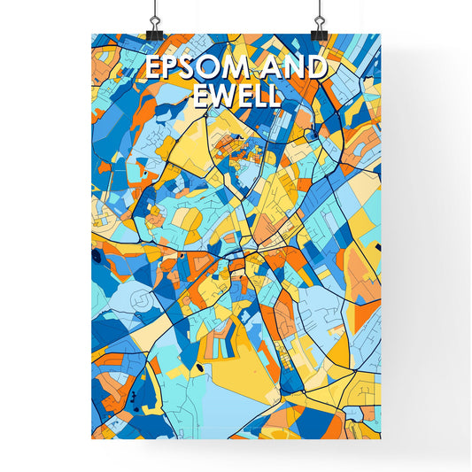 EPSOM AND EWELL ENGLAND Vibrant Colorful Art Map Poster Blue Orange