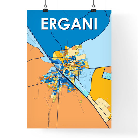 ERGANI TURKEY Vibrant Colorful Art Map Poster Blue Orange