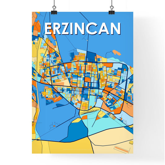 ERZINCAN TURKEY Vibrant Colorful Art Map Poster Blue Orange