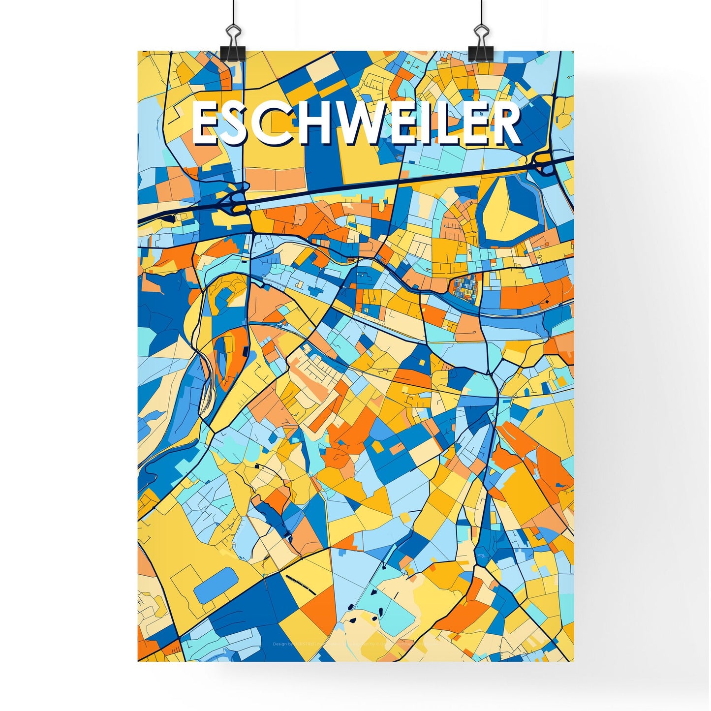 ESCHWEILER GERMANY Vibrant Colorful Art Map Poster Blue Orange