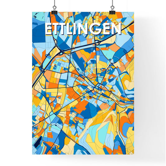 ETTLINGEN GERMANY Vibrant Colorful Art Map Poster Blue Orange