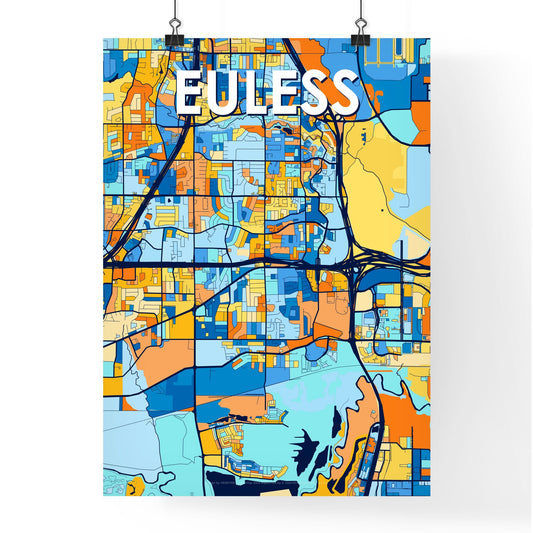 EULESS TEXAS Vibrant Colorful Art Map Poster Blue Orange