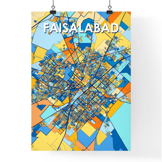 FAISALABAD PAKISTAN Vibrant Colorful Art Map Poster Blue Orange
