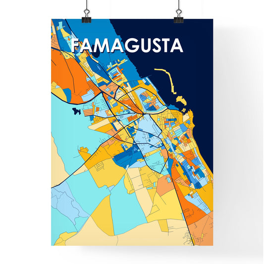 FAMAGUSTA CYPRUS Vibrant Colorful Art Map Poster Blue Orange