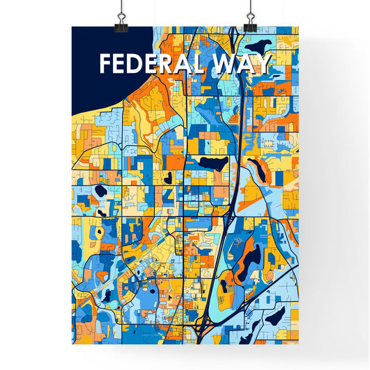 FEDERAL WAY WASHINGTON Vibrant Colorful Art Map Poster Blue Orange