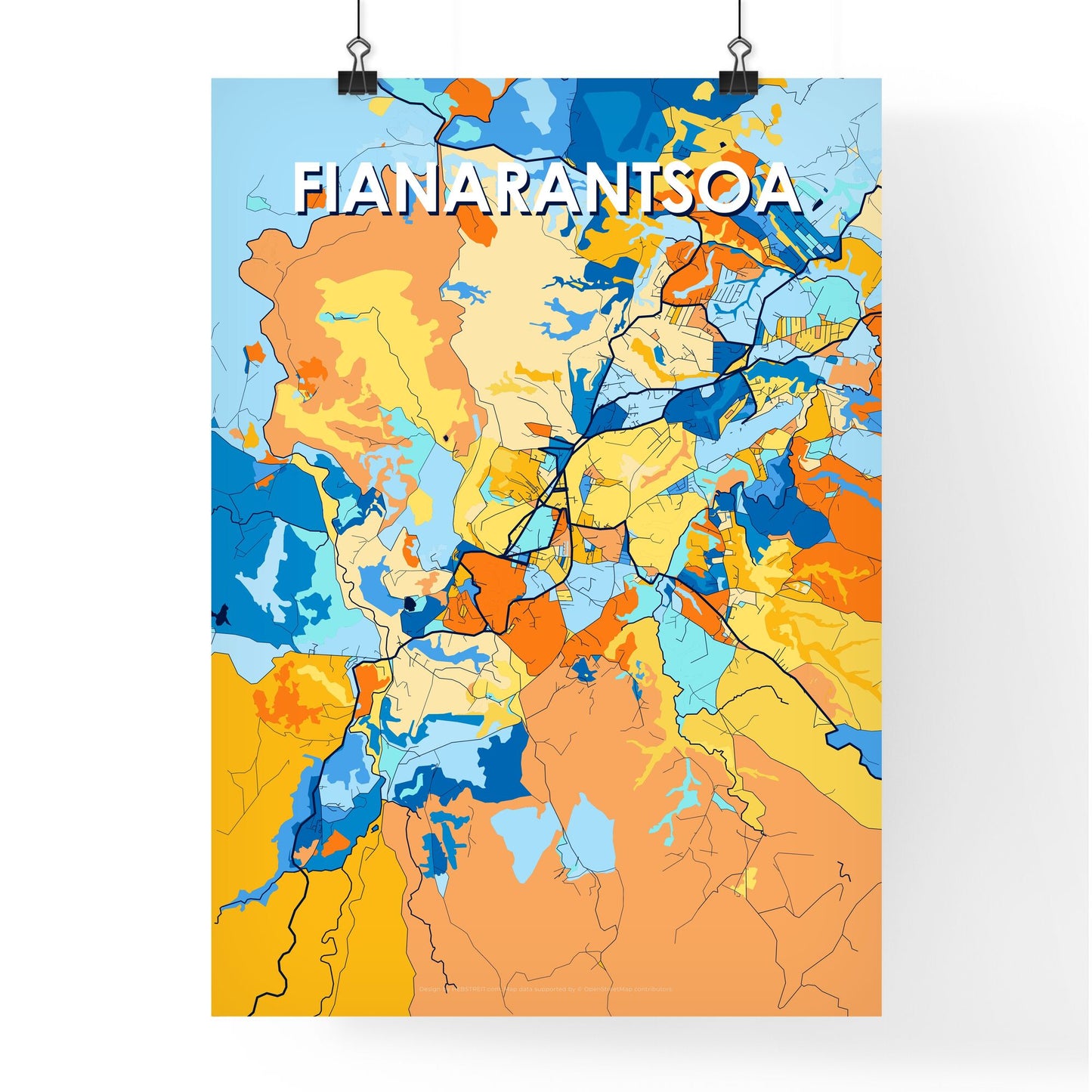 FIANARANTSOA MADAGASCAR Vibrant Colorful Art Map Poster Blue Orange