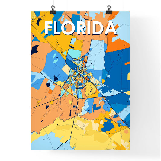 FLORIDA CUBA Vibrant Colorful Art Map Poster Blue Orange