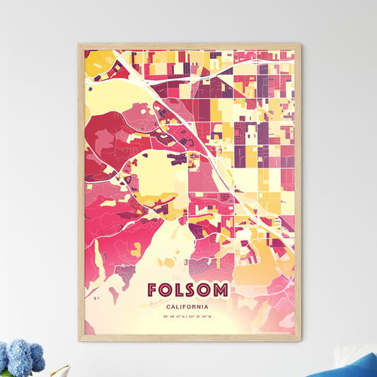 Colorful Folsom California Fine Art Map Hot Red