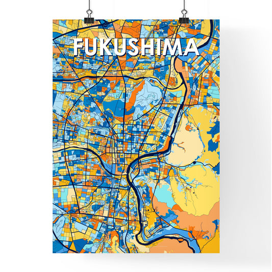 FUKUSHIMA JAPAN Vibrant Colorful Art Map Poster Blue Orange