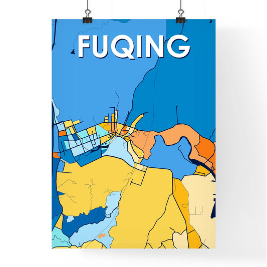 FUQING CHINA Vibrant Colorful Art Map Poster Blue Orange